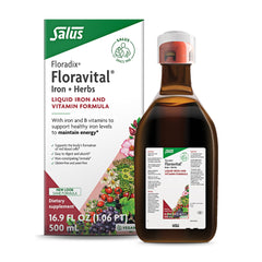 Floravital liquid iron bottle showing vegan formula for daily iron support
