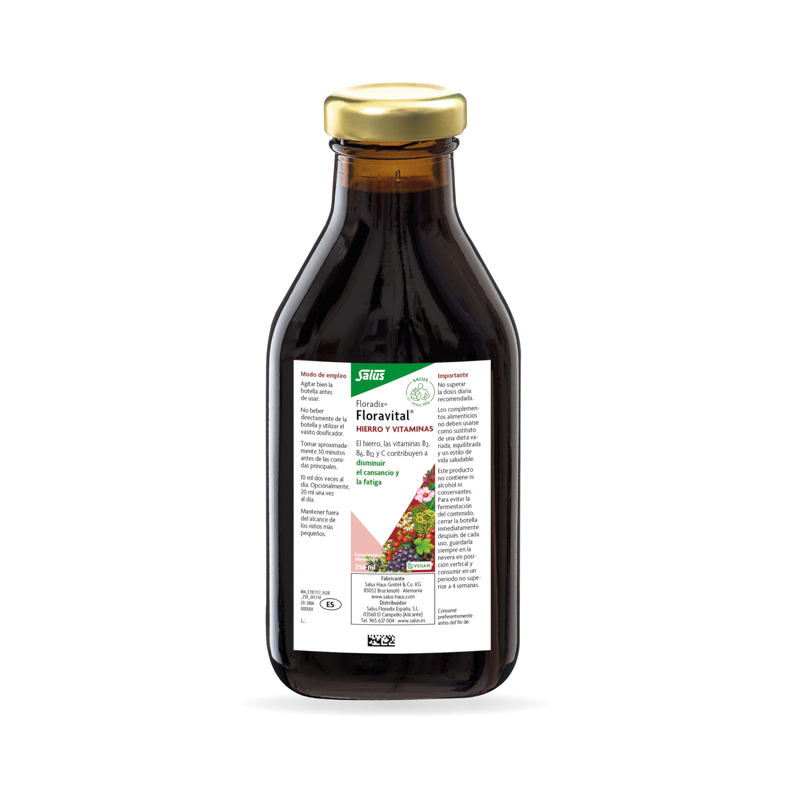 Floradix Floravital Liquid Iron dosing spoon measures a daily serving
