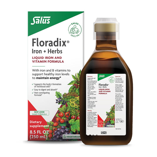 Floradix Iron & Herbs bottle label shows plant based formula and key ingredients