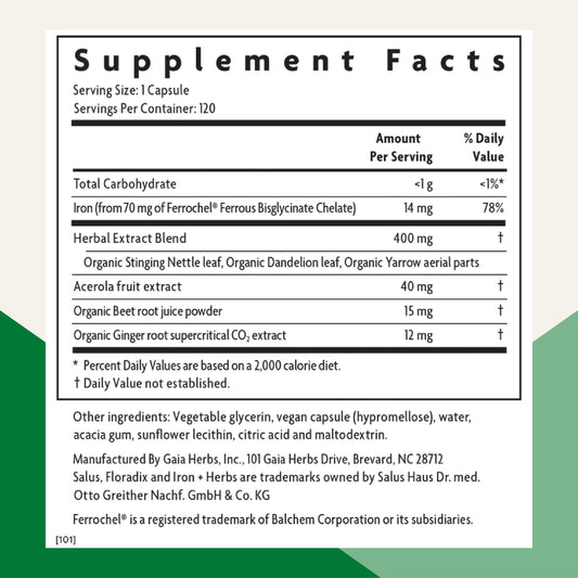 Floradix Iron + Herbs bottle label with vegan, non-GMO features highlighted