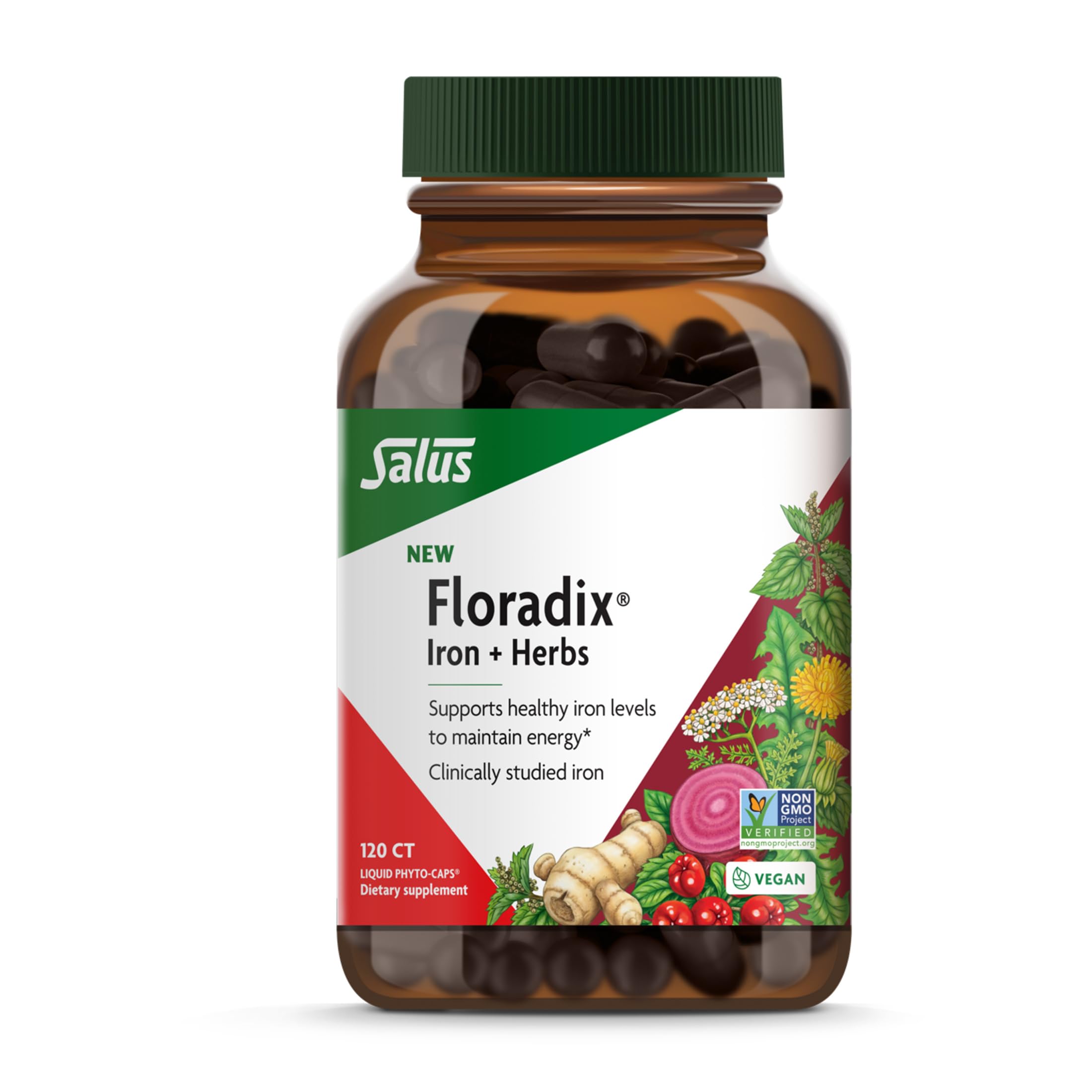 Floradix Iron + Herbs bottle pouring, suggesting easy daily energy support