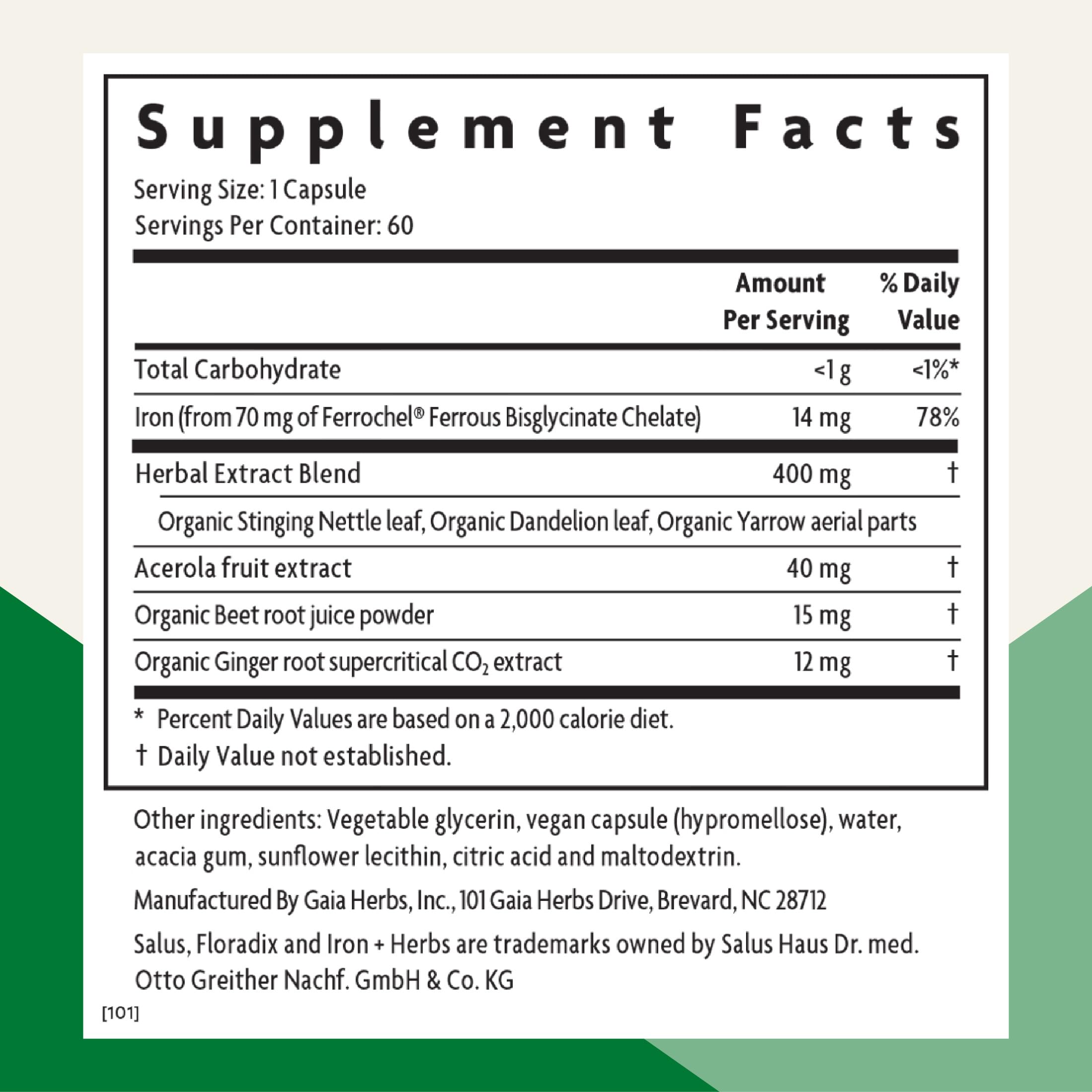 Floradix Iron + Herbs bottle closeup highlights gentle iron delivery and digestion-friendly formulation.
