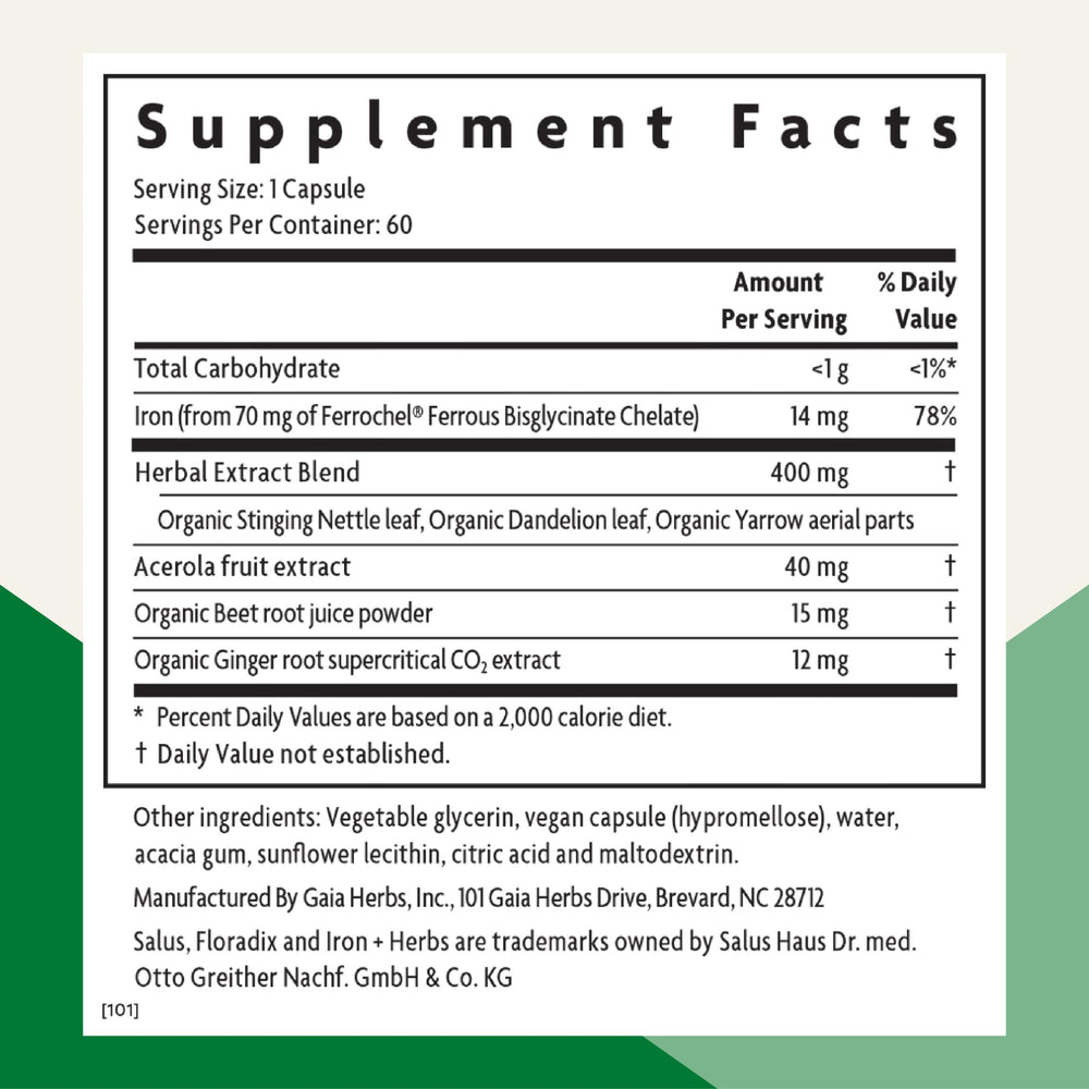 Floradix Iron + Herbs bottle closeup highlights gentle iron delivery and digestion-friendly formulation.