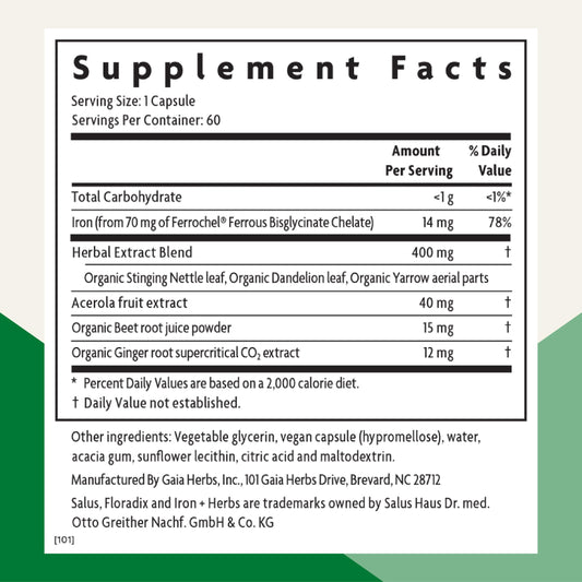 Floradix Iron + Herbs bottle closeup highlights gentle iron delivery and digestion-friendly formulation.