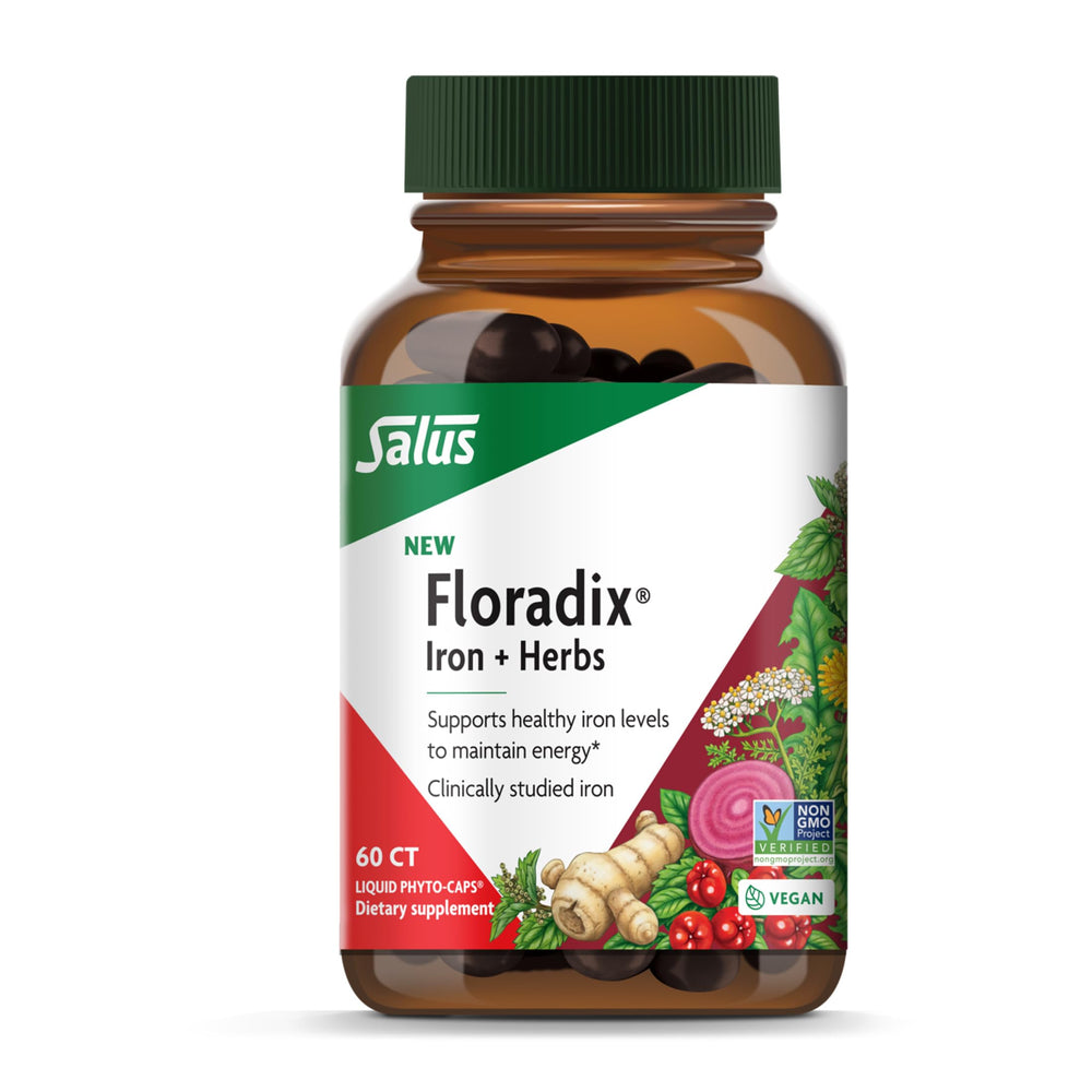 Floradix Iron + Herbs bottle pour demonstrates easy daily use for steady energy support.