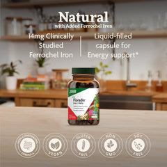 Floradix Iron + Herbs liquid phyto-caps close-up, gentle iron absorption suggested