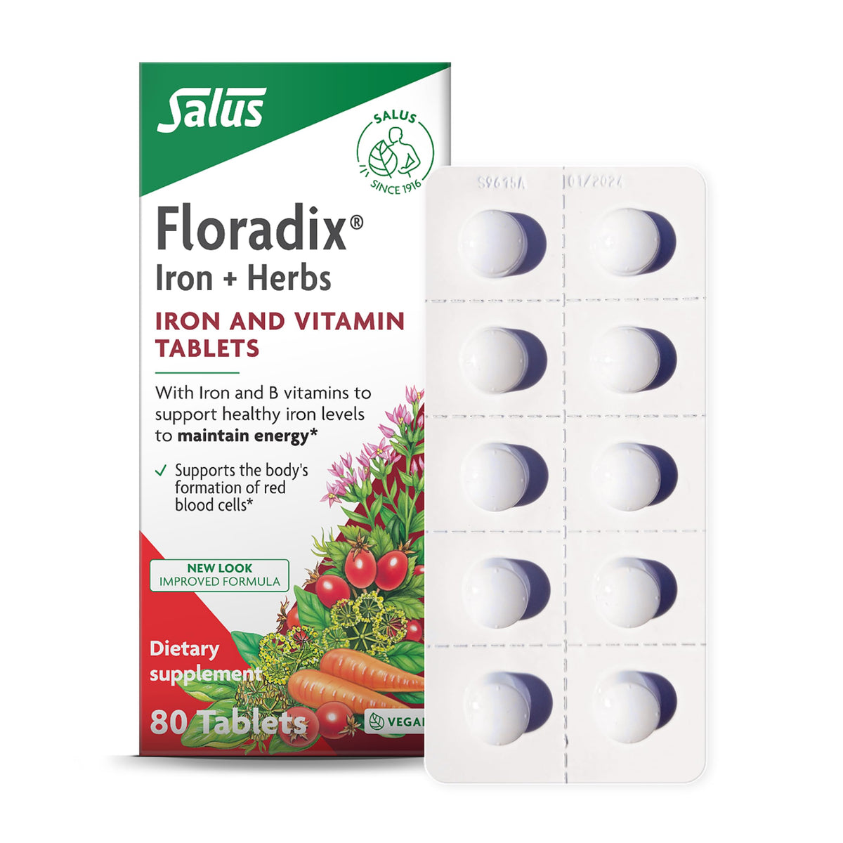 Floradix Iron Tablets bottle front with label, highlighting vegetarian iron support.