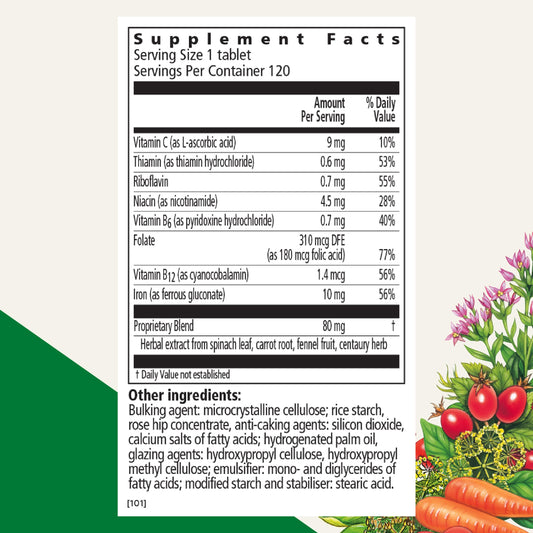 Floradix iron tablets closeup highlighting vitamin blend for daily wellness