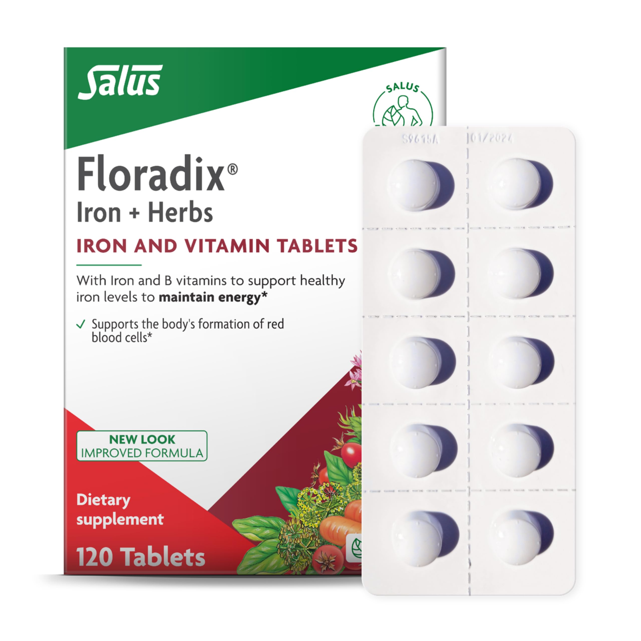 Floradix iron tablets packaging showing vegetarian formula for energy support