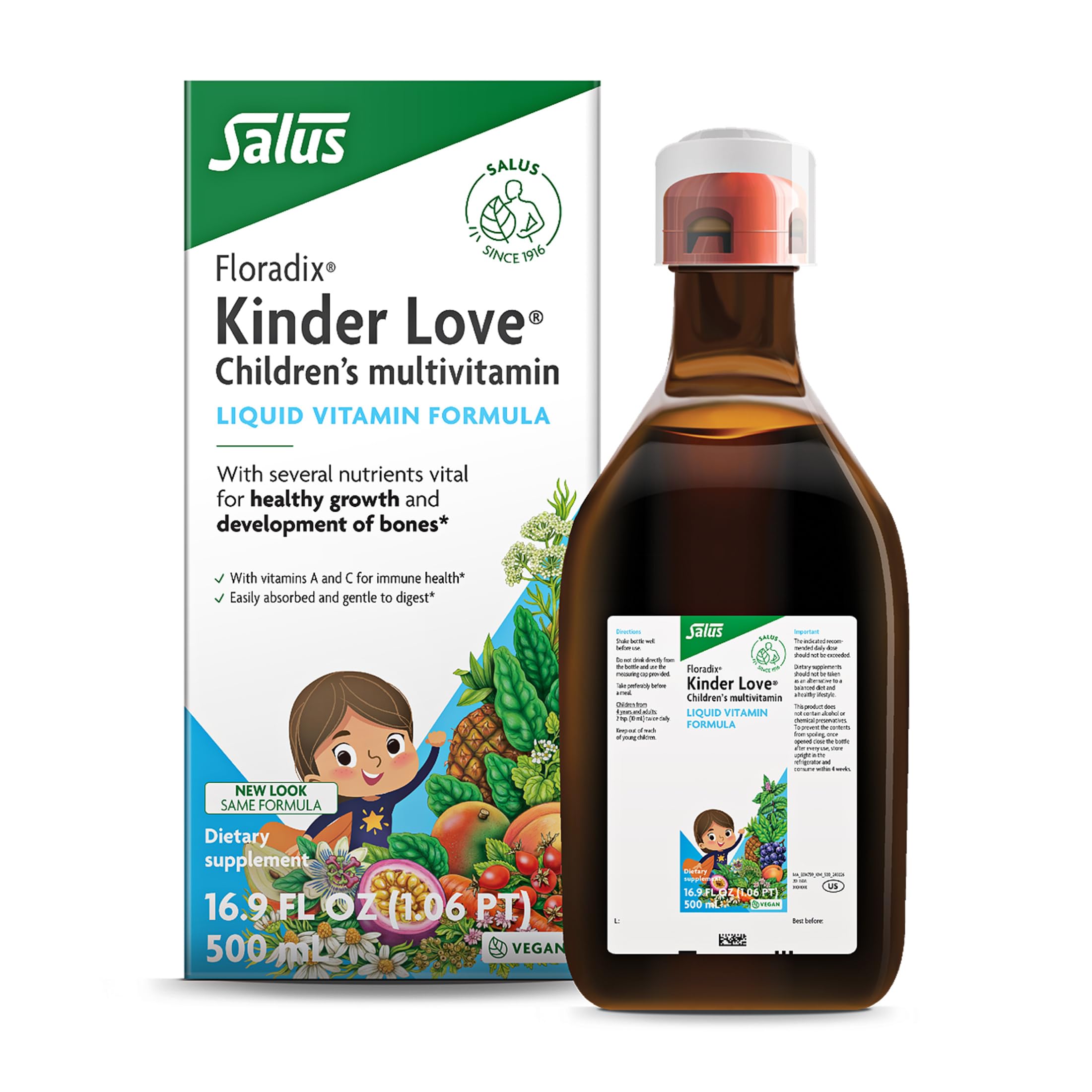Floradix Kinder Love bottle displaying a kid-friendly liquid multivitamin for daily nutrition