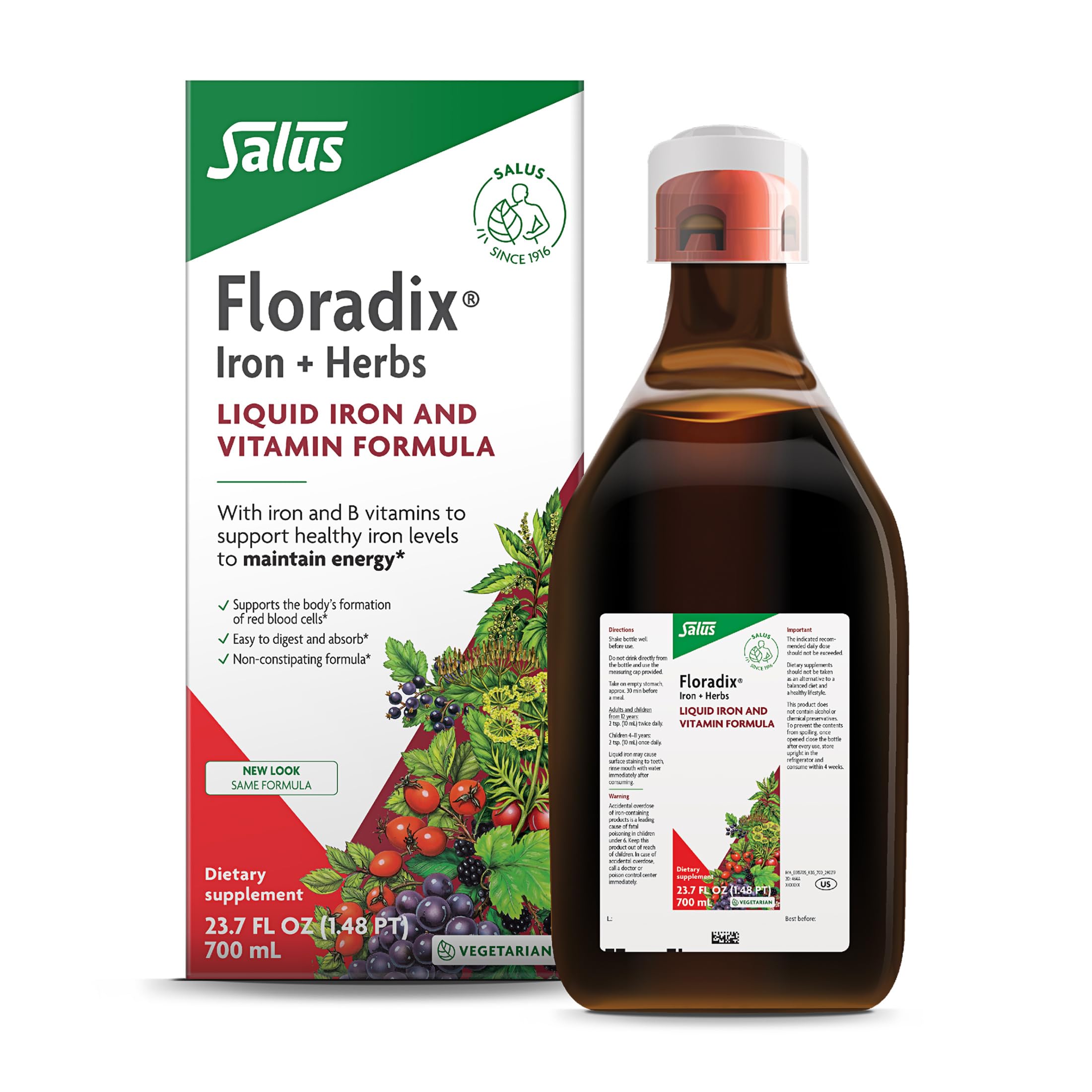 Floradix Liquid Iron bottle highlighting herbal blend for daily energy support.
