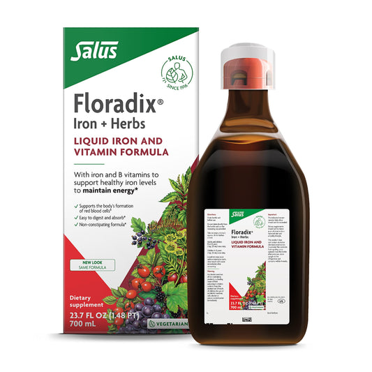 Floradix Liquid Iron bottle highlighting herbal blend for daily energy support.