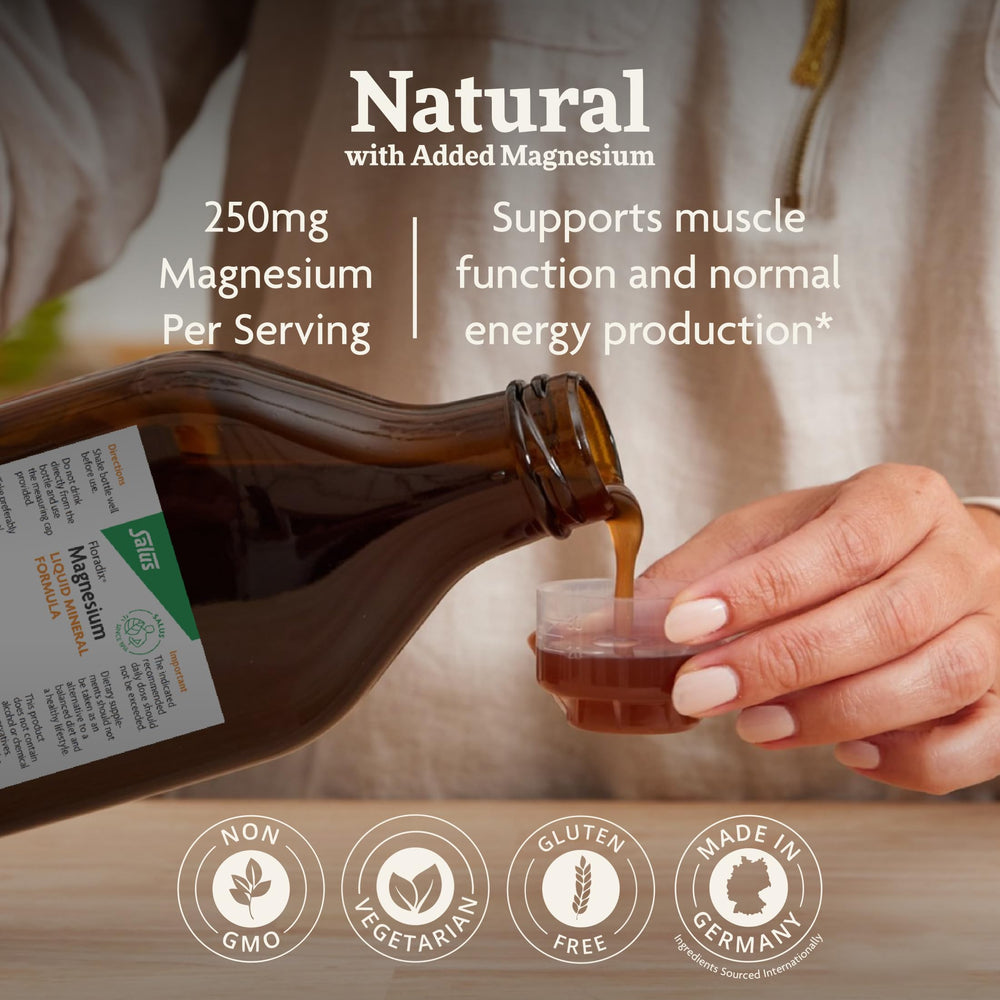 Close-up of Floradix Magnesium label emphasizes vegetarian and non-GMO formulation.