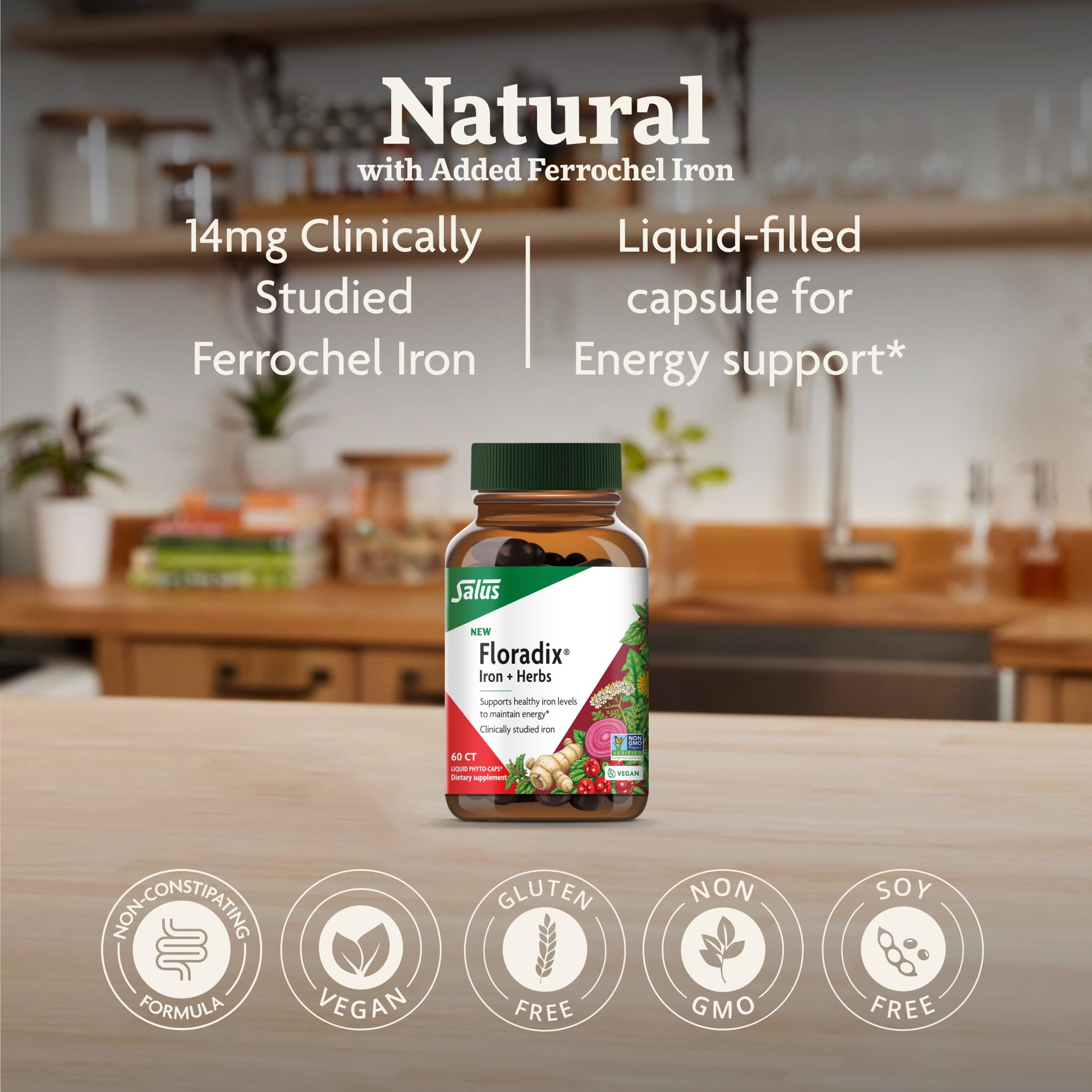 Floradix phyto-caps dispensed glass shows vegan iron pairing for daily vitality.
