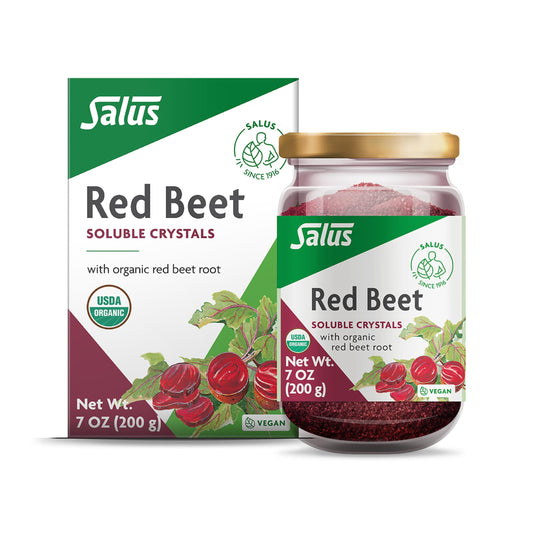 Floradix Organic Red Beet Crystals bottle ready to mix into drinks for a nutritious boost