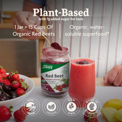 Floradix red beet crystals poured into a glass of juice or smoothie