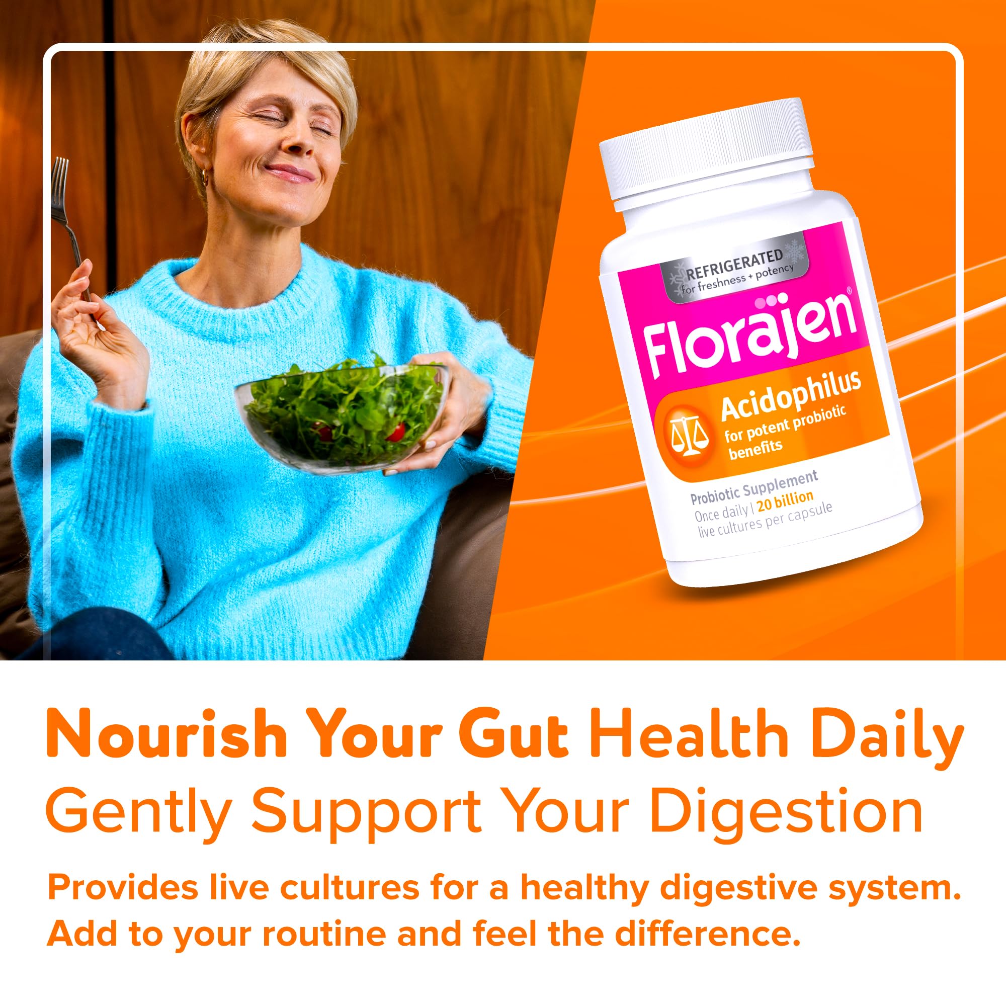 Florajen Acidophilus 20B CFU capsules emphasize overall health support.
