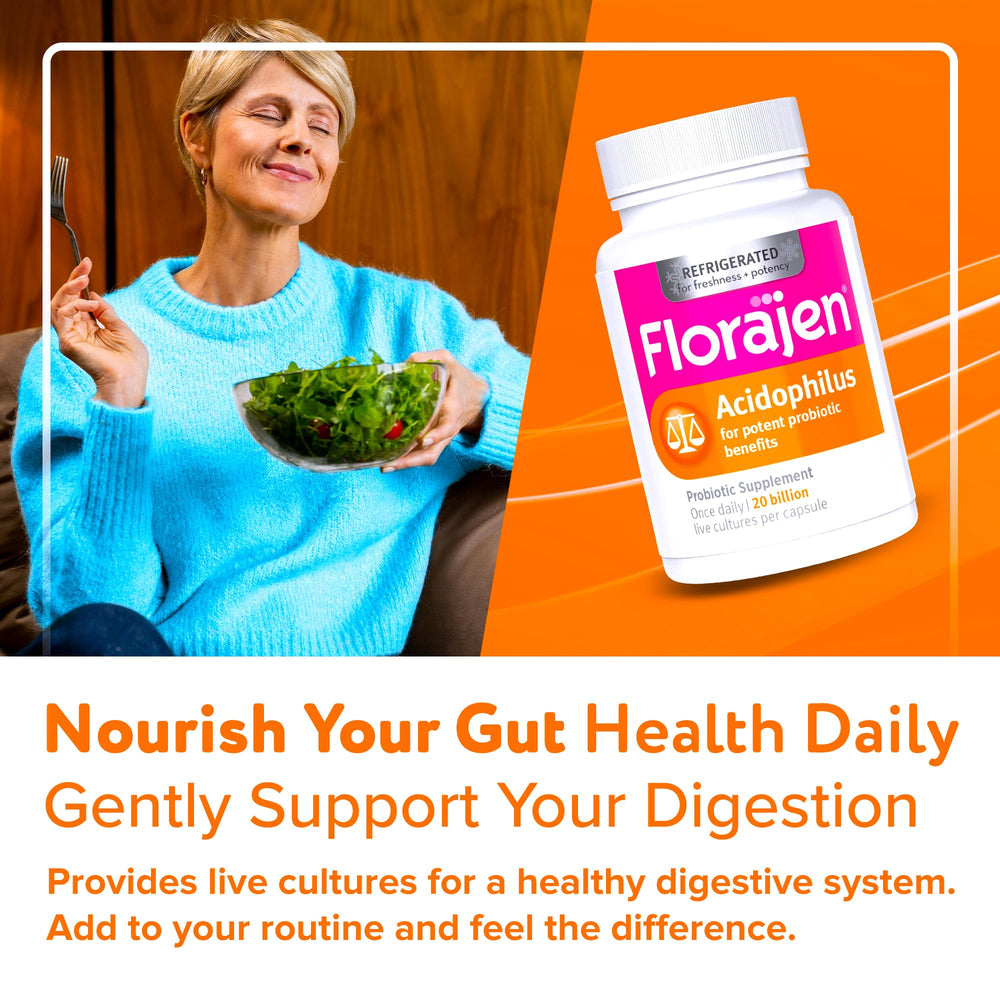 Florajen Acidophilus 20B CFU capsules emphasize overall health support.