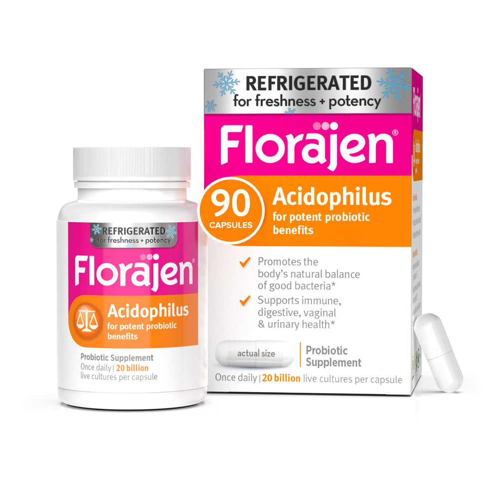 Florajen Acidophilus bottle front shows high-potency probiotics for gut balance