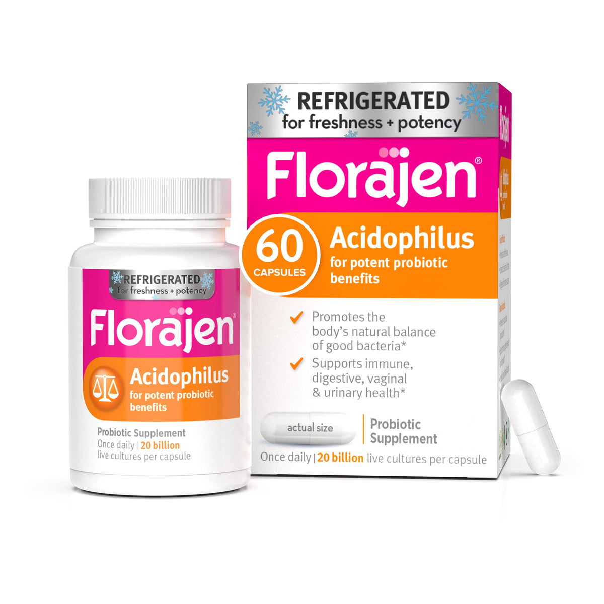 Florajen Acidophilus bottle visual for everyday digestive balance.