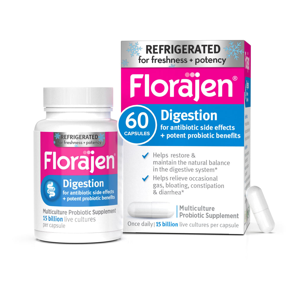 Florajen Digestion bottle front highlighting refrigeration for freshness.