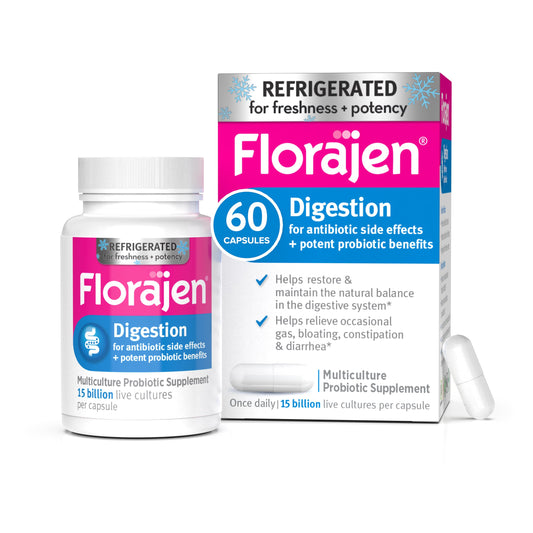 Florajen Digestion bottle front highlighting refrigeration for freshness.
