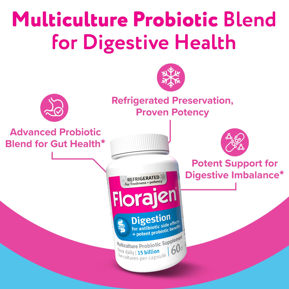 Florajen Digestion bottle label showcasing the multiculture blend for gut balance.