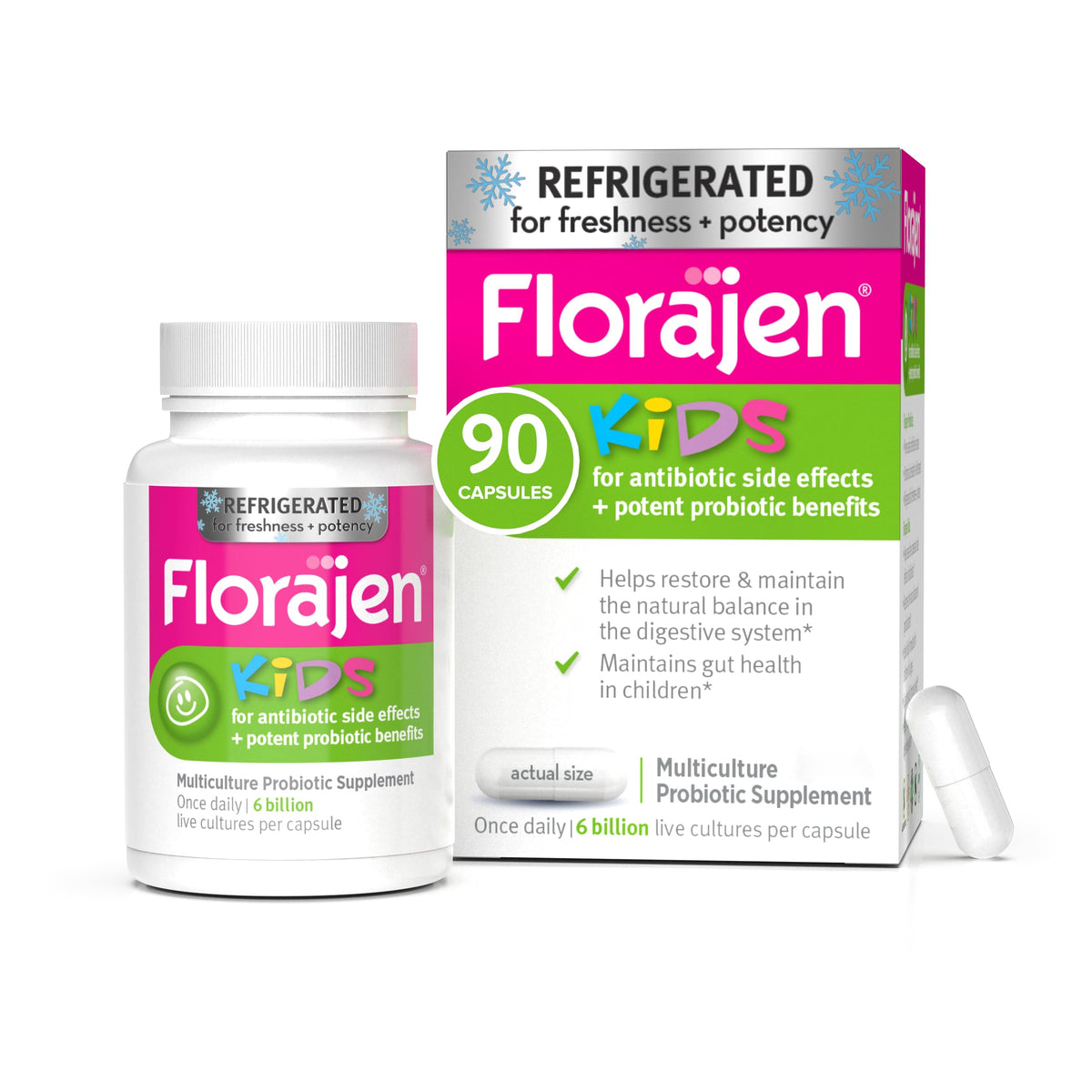 Florajen Kids probiotic capsule showing 6B cultures supporting kid gut balance.