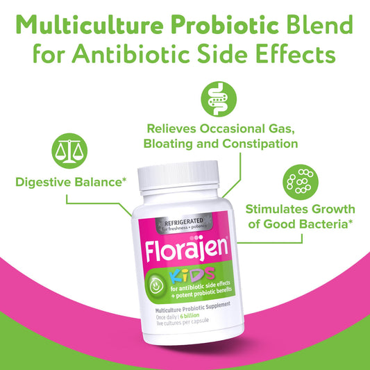 Florajen Kids probiotic bottle front emphasizing refrigerated potency.