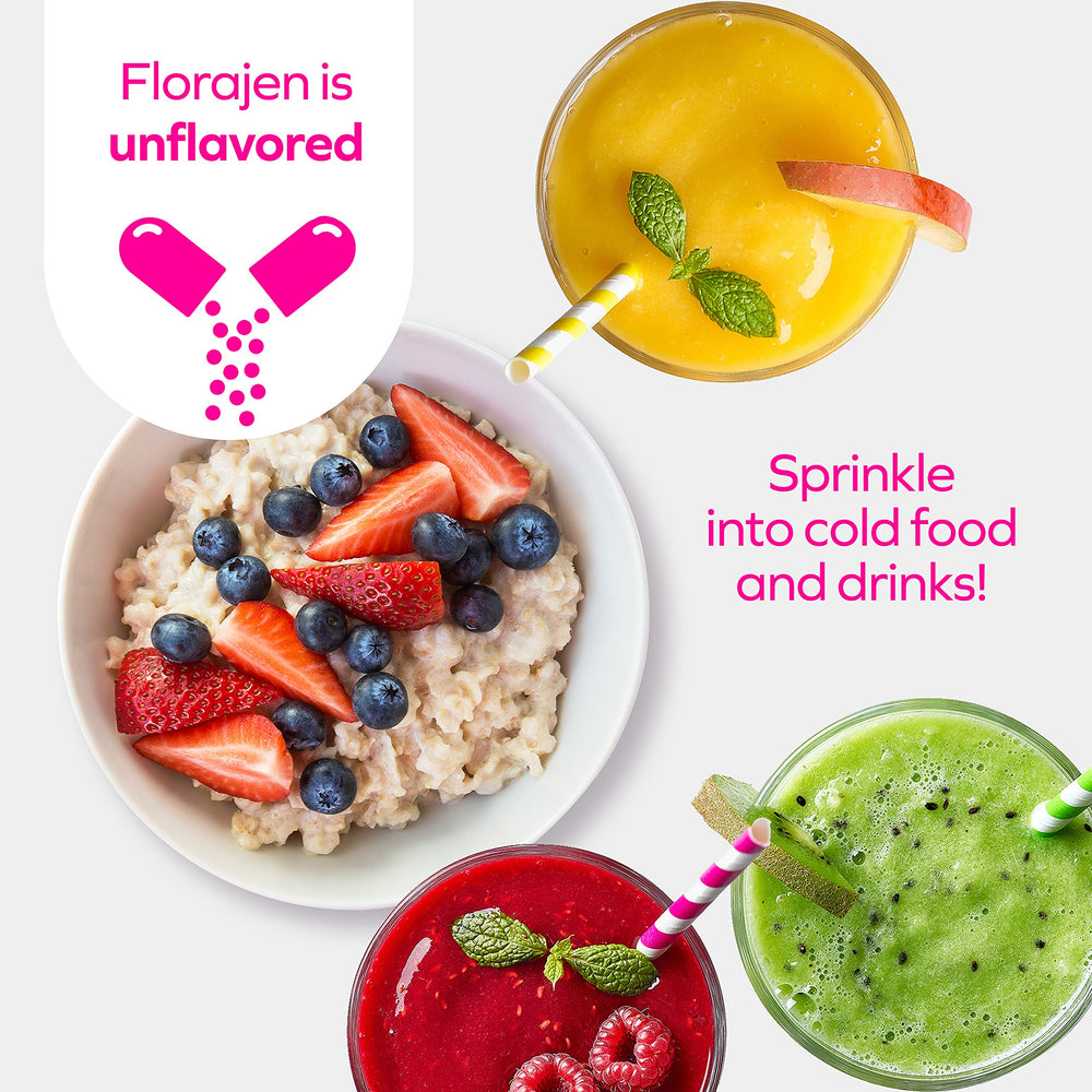 Florajen Kids probiotic bottle with simple storage instructions supports freshness.