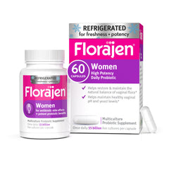 Florajen Women’s Probiotic bottle front promotes vaginal balance and digestive support.