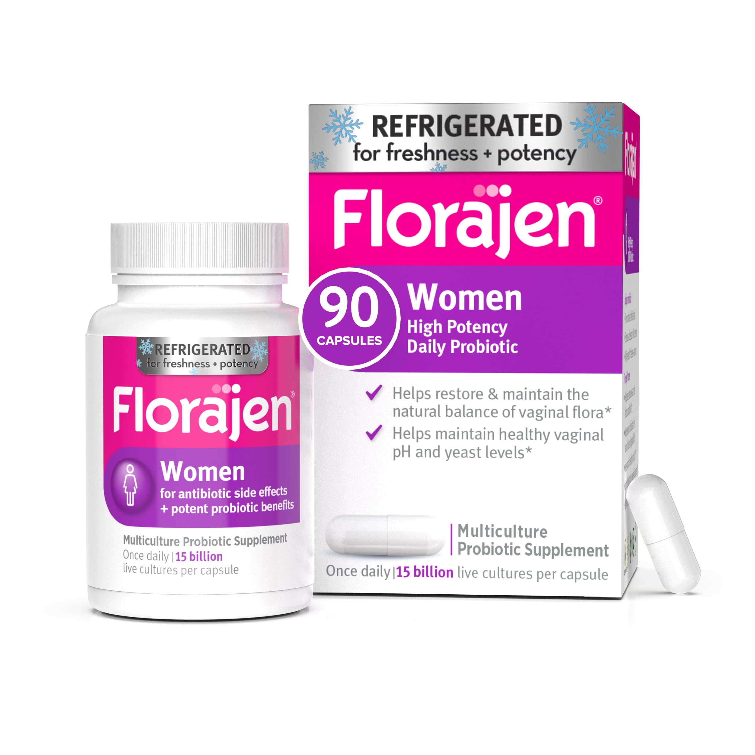 Florajen women's vaginal probiotics bottle showing balanced vaginal flora for daily comfort