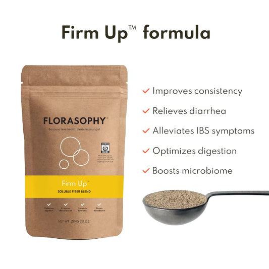 Florasophy Firm Up ingredient panel highlights organic psyllium and prebiotic blend.