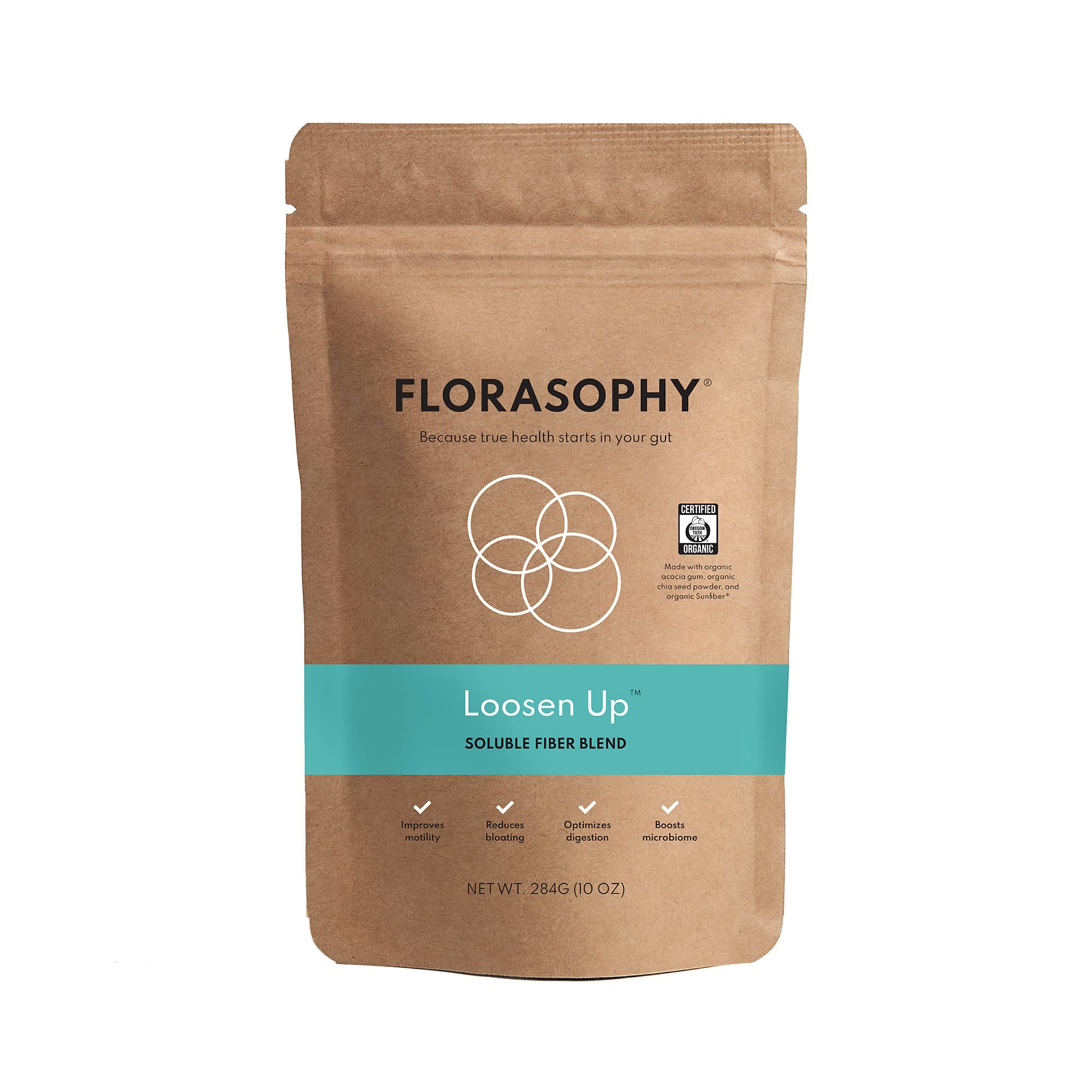 Florasophy Loosen Up bottle closeup, a gut-friendly soluble fiber supplement for daily regularity