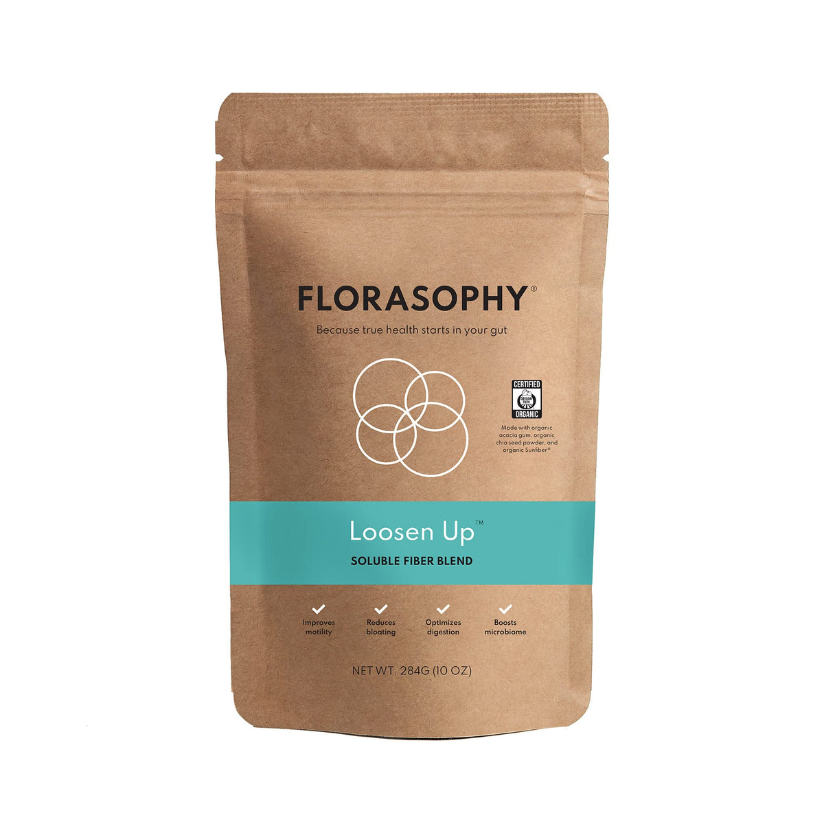 Florasophy Loosen Up bottle closeup, a gut-friendly soluble fiber supplement for daily regularity