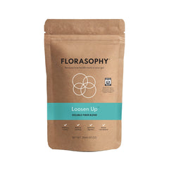 Florasophy Loosen Up bottle closeup, a gut-friendly soluble fiber supplement for daily regularity