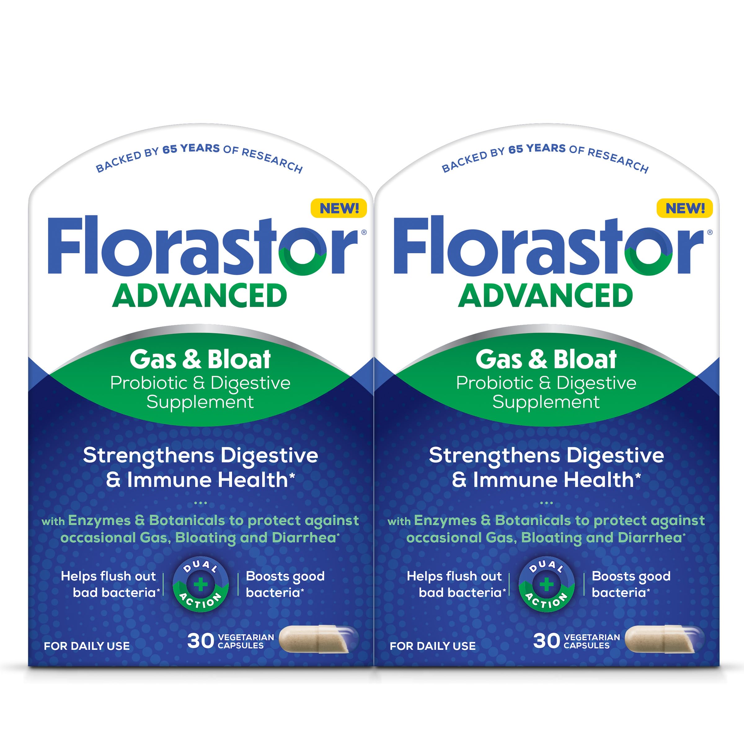 Florastor Advanced Gas and Bloat probiotic bottle with capsules for digestive comfort