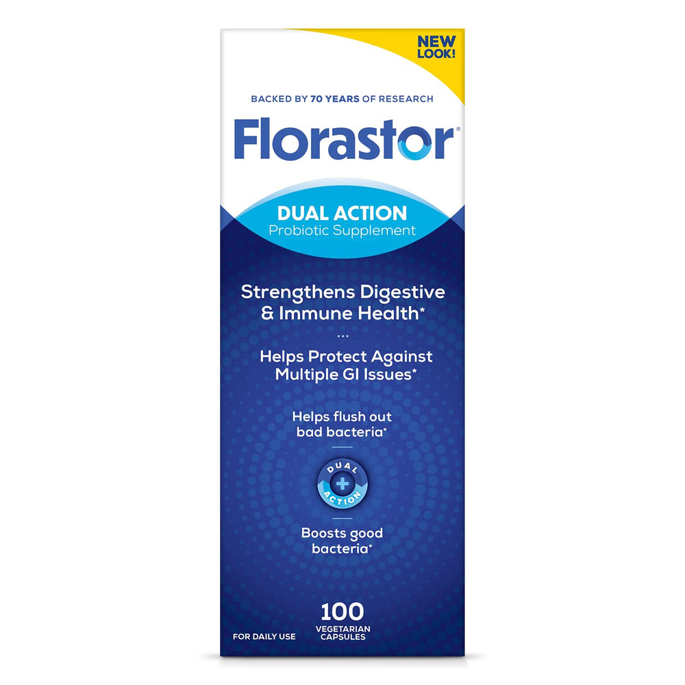 Florastor bottle and capsules illustrate daily probiotic support for digestion and immunity.