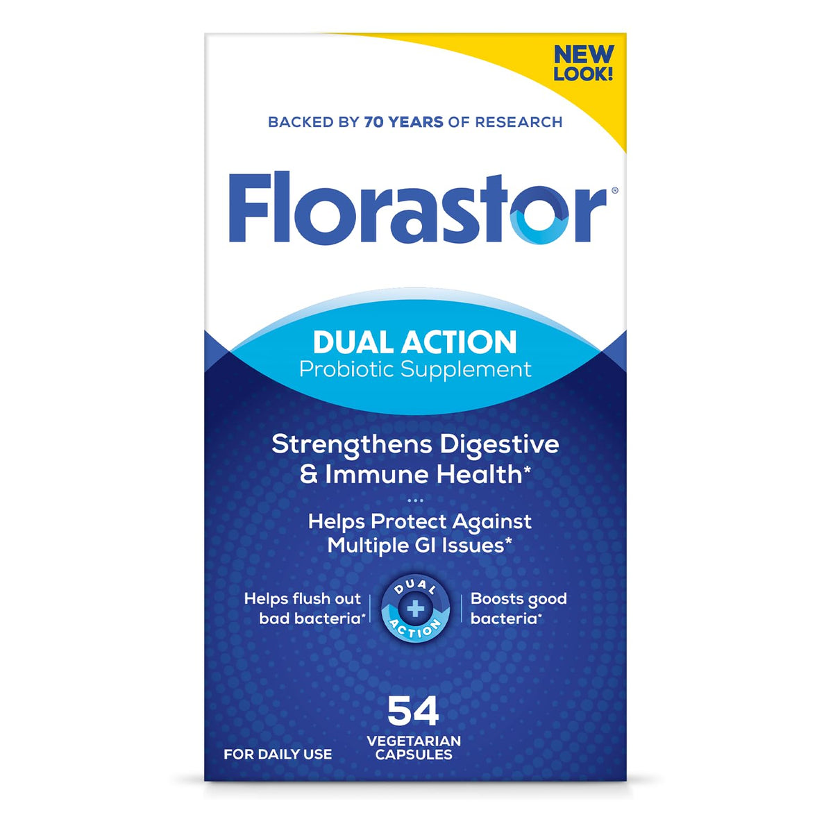 Florastor bottle front showcasing brand and capsules for daily digestive balance.