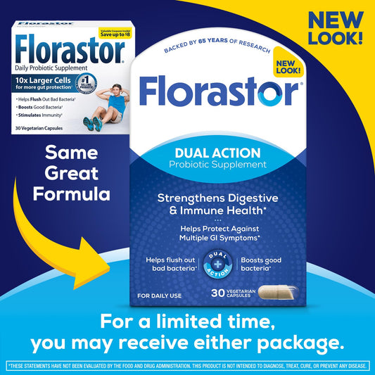 Florastor capsules inside the bottle show vegetarian, gluten-free formula.
