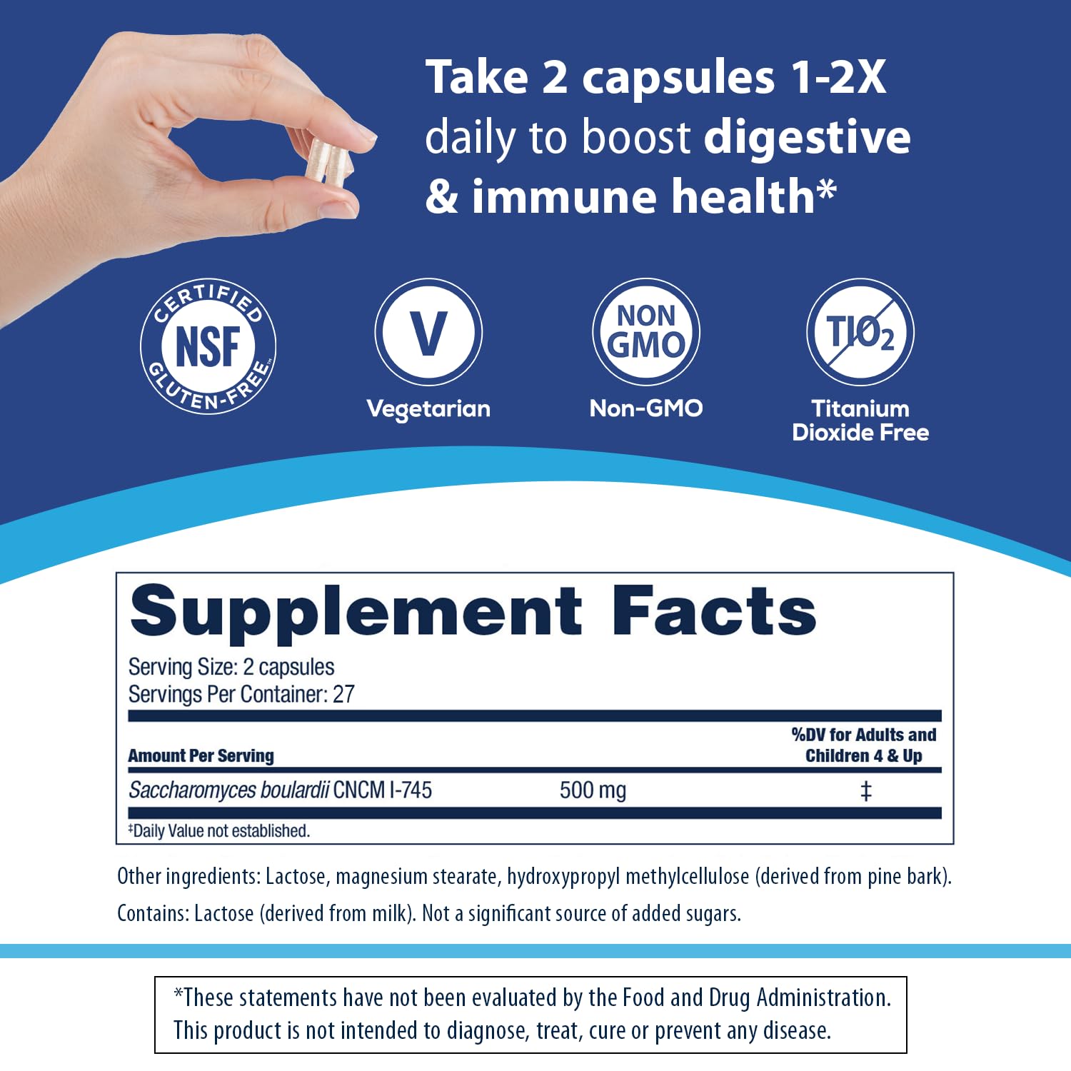 Florastor dosage illustration emphasizes two capsules daily for digestive health.