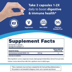 Florastor dosage illustration emphasizes two capsules daily for digestive health.