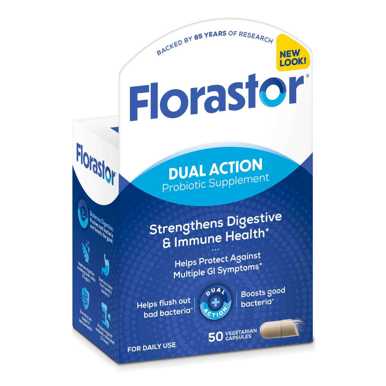 Florastor Dual Action Probiotic bottle promotes gut balance and immune support.