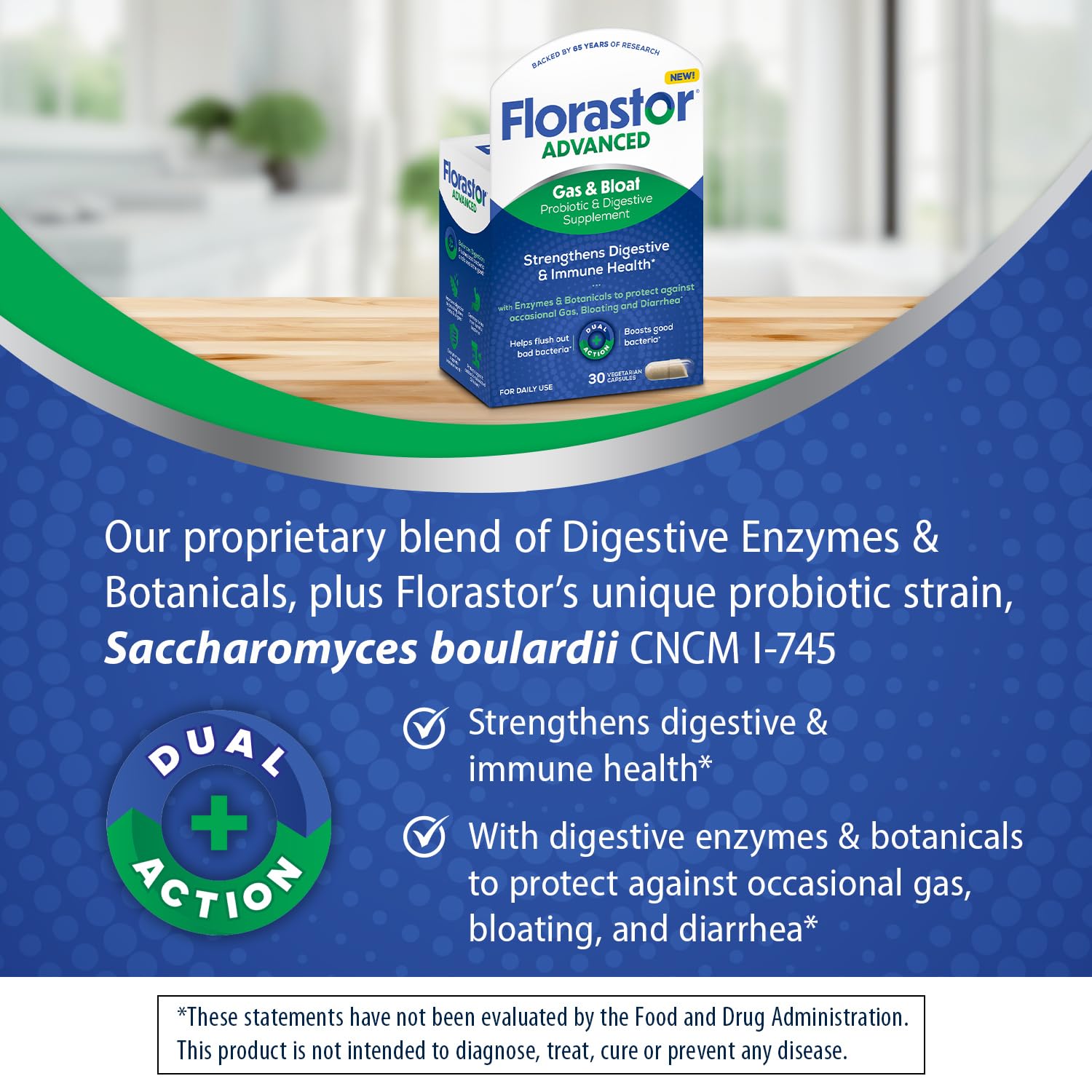 Florastor dual-action probiotic capsules highlighting enzyme and botanical blend for digestion