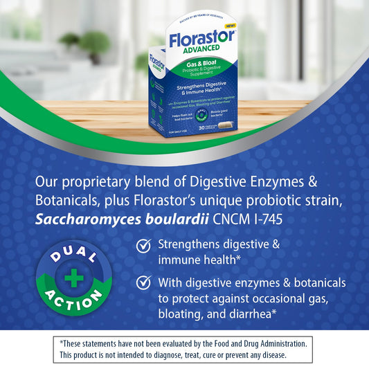 Florastor dual-action probiotic capsules highlighting enzyme and botanical blend for digestion