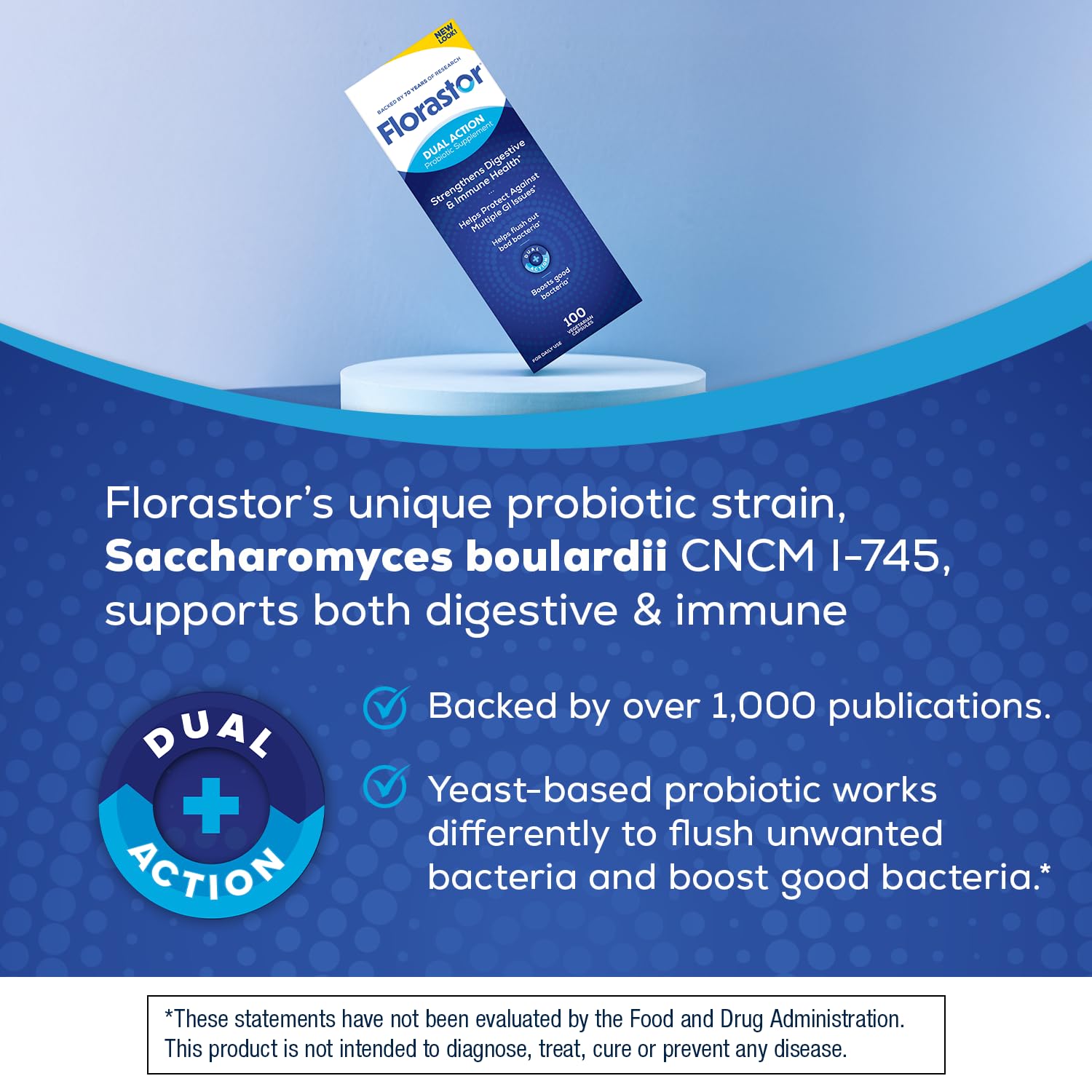 Florastor gluten-free label signals an allergen-friendly probiotic option.