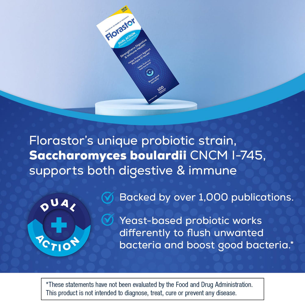 Florastor gluten-free label signals an allergen-friendly probiotic option.