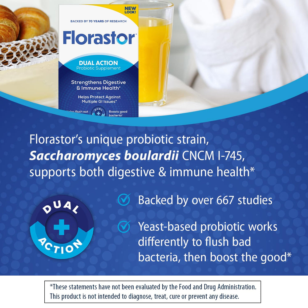 Florastor gluten-free label emphasized for gluten-free, non-GMO probiotic users.