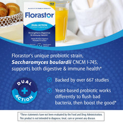 Florastor gluten-free label emphasized for gluten-free, non-GMO probiotic users.