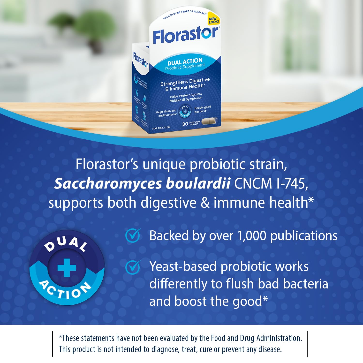 Florastor packaging front view emphasizes gluten-free and non-GMO benefits.
